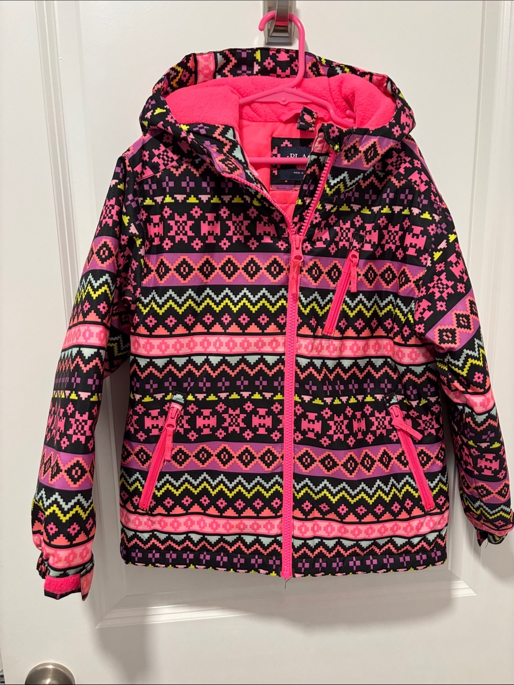The Children's Place Girls' Neon Pink Patterned Hooded Puffer Jacket